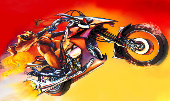 An illustration of a fiery woman riding a heavy motorbike over a sunset.