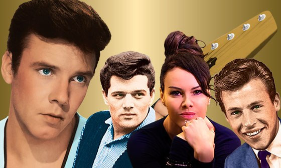 Original photos of the male stars on a gold background, plus female performing artist