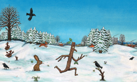 Stick Man running in the snow with rabbits and birds around him