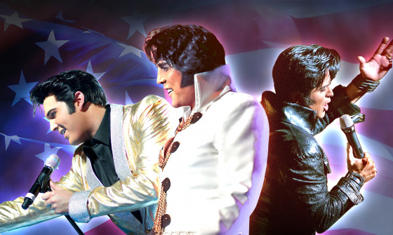 Elvis sings into a microphone with an American flag in the background