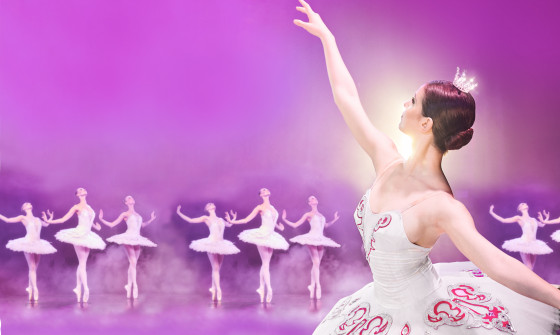 Ballet Dancers in the background with a female ballet dancer posing at the front