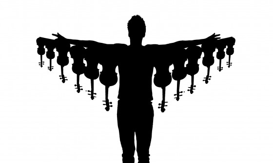 A shadowed person with violin wings
