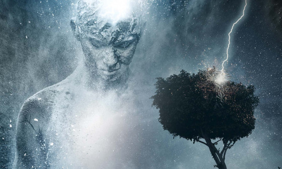 A ghostly figure in the sky by a tree being hit by lightning