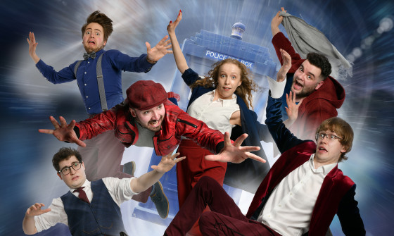The cast of Any Suggestions Doctor fly through a time vortex as if in Dr Who
