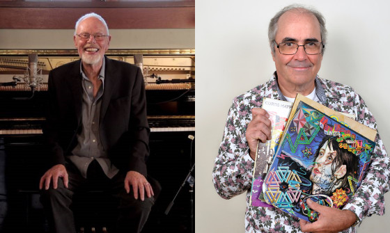 Bob Harris sits in front of a piano on the left and Danny Baker stands holding music memorabilia on the right