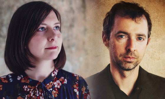 On the left is Emily Portman looking to the side, and on the right is Rob Harbron looking at the camera.
