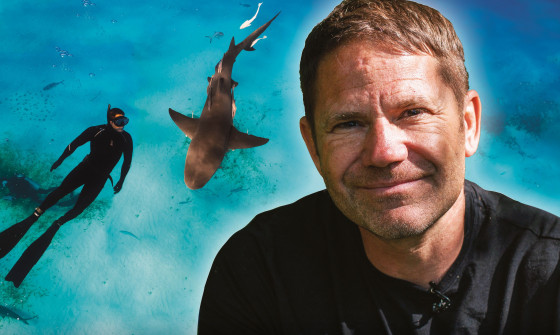 Steve Backshall smiling with a picture of the sea behind him