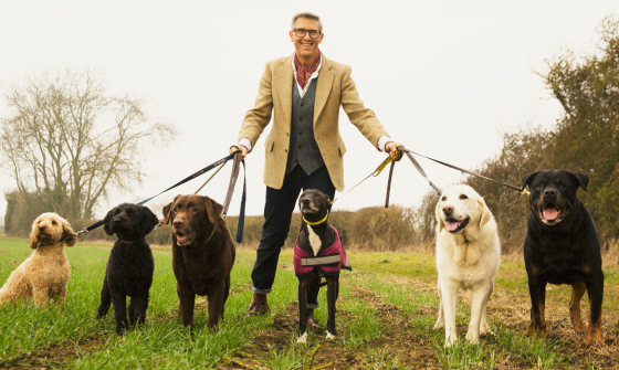 Graeme Hall walking 6 dogs in the woods