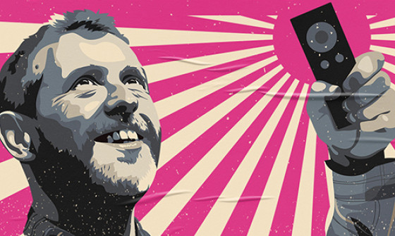 Cartoon image of Dave Gorman holding a remote in his hand, on a pink and cream striped background